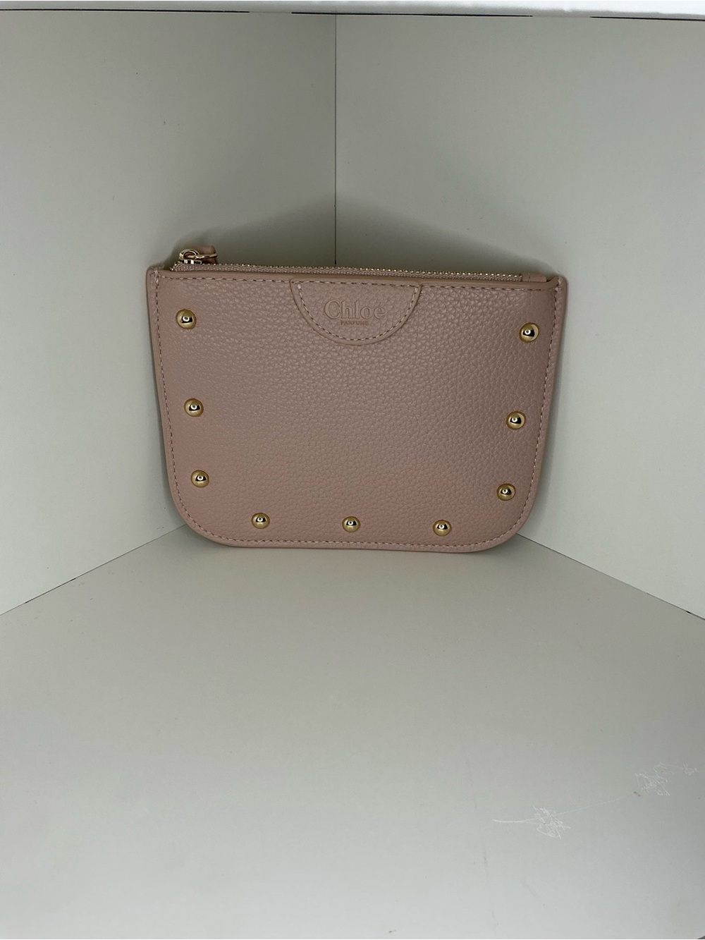 Chloe Blush Pink Pebbled Leather Zip Cosmetic Pouch with Gold Studs